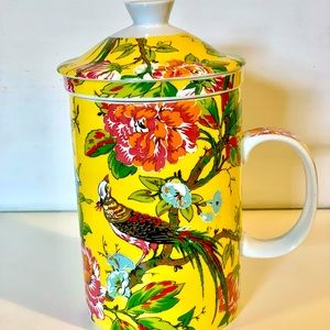 World Market Yellow Floral Bird Tea Cup With Diffuser